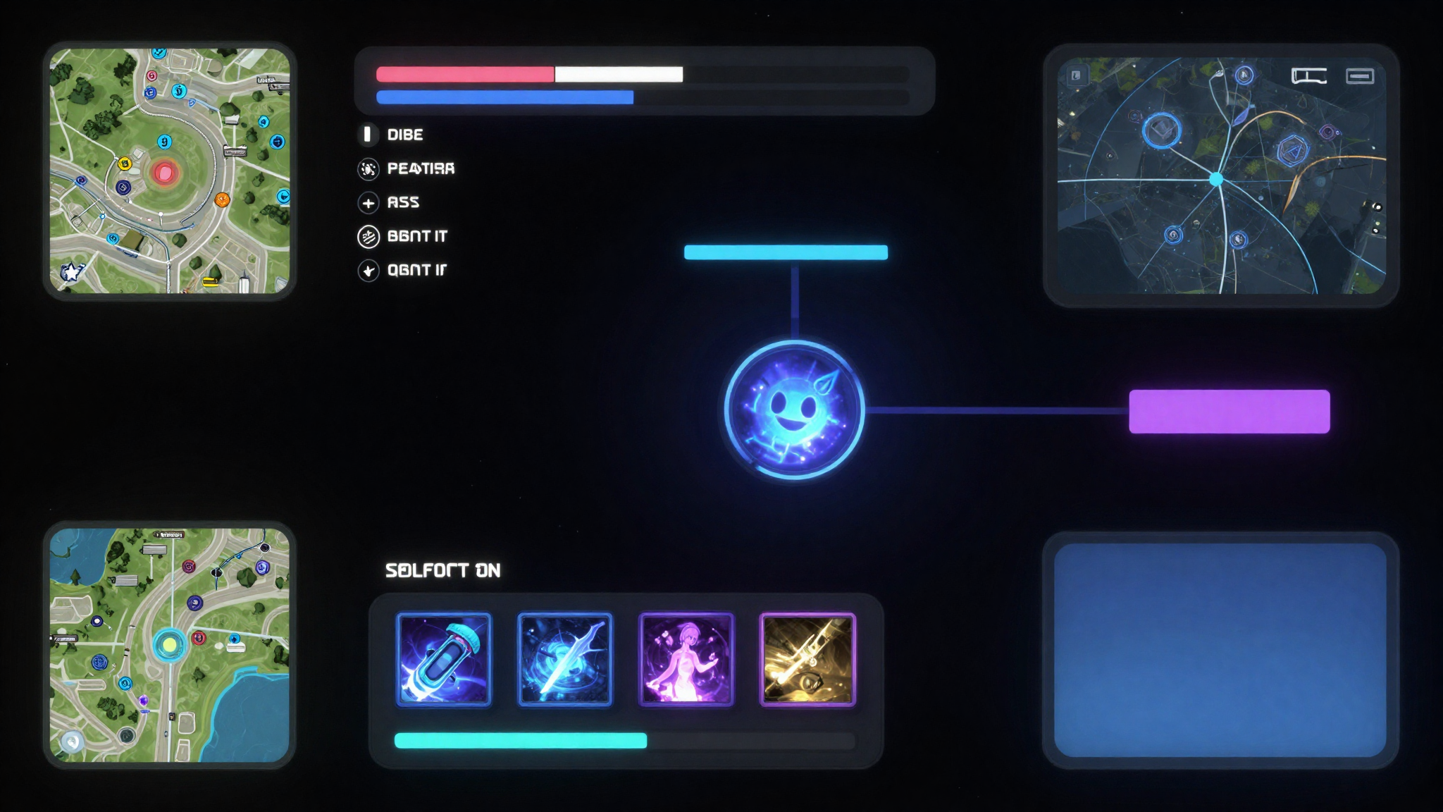 HUD jeux vidéo – barres de vie, minimap, icônes de compétences – exemple de hiérarchie visuelle